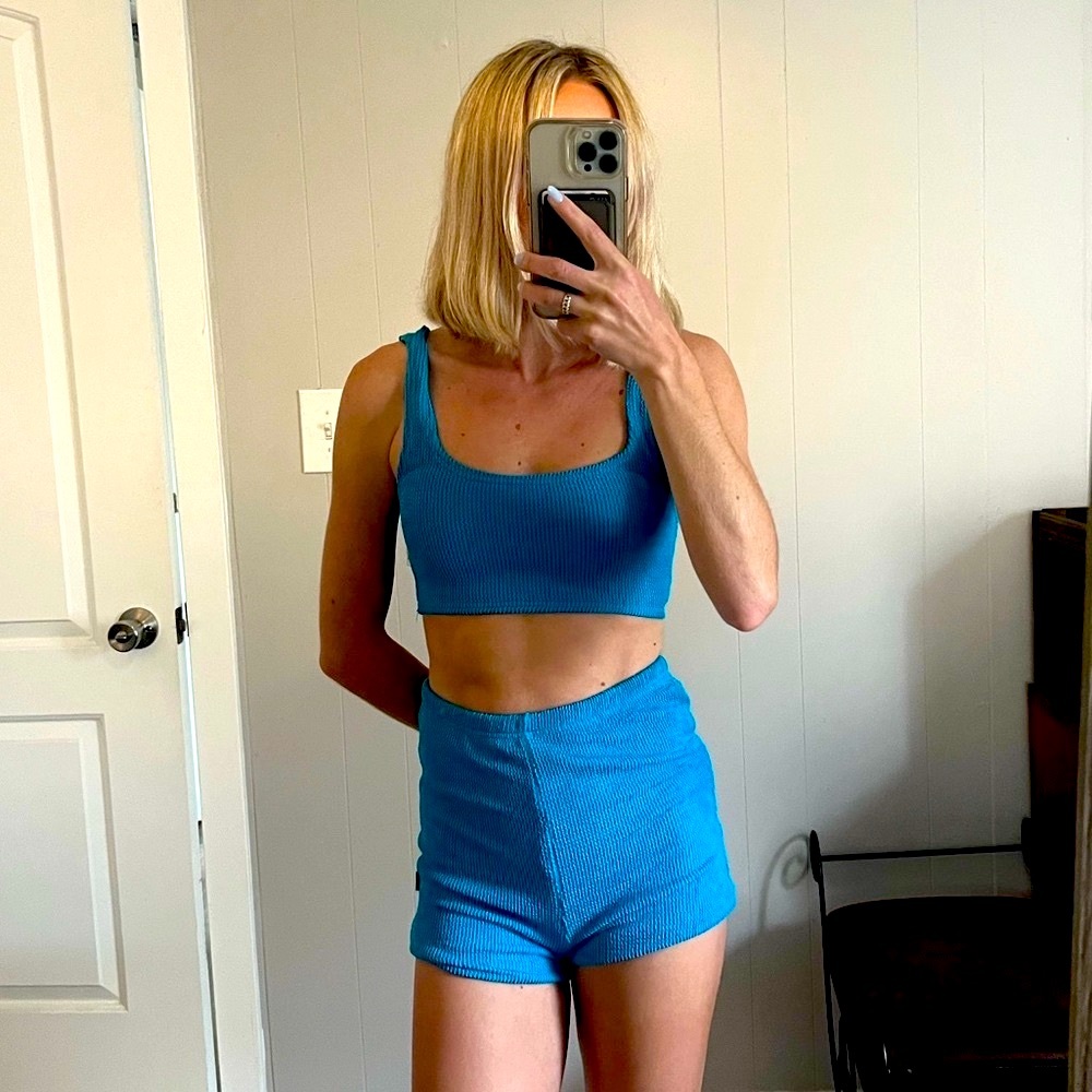 Blue Ribbed Crop Top and Shorts Set